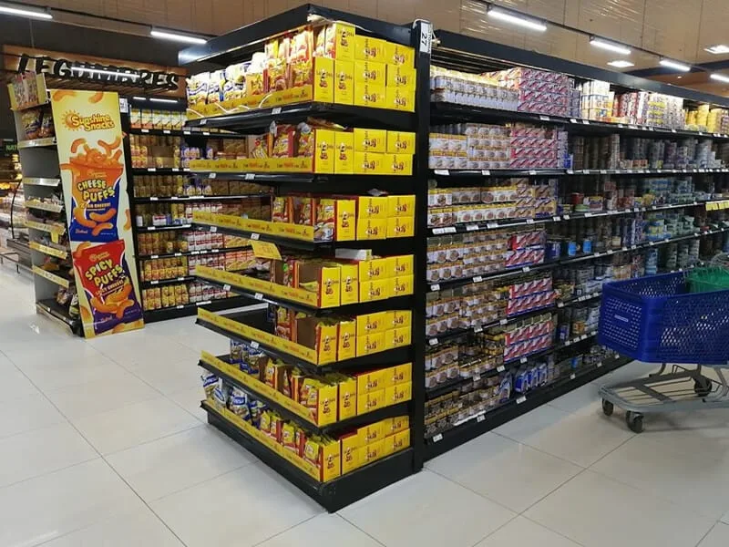 Supermarket shelves for snacks